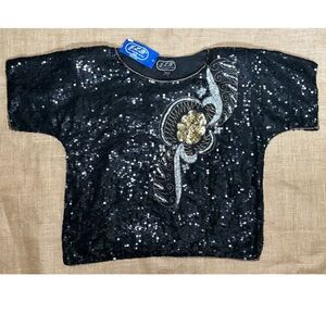 Vintage JLB Black Sequin Beaded Silk Shirt XL Gold Silver Whimsigoth Goth Core